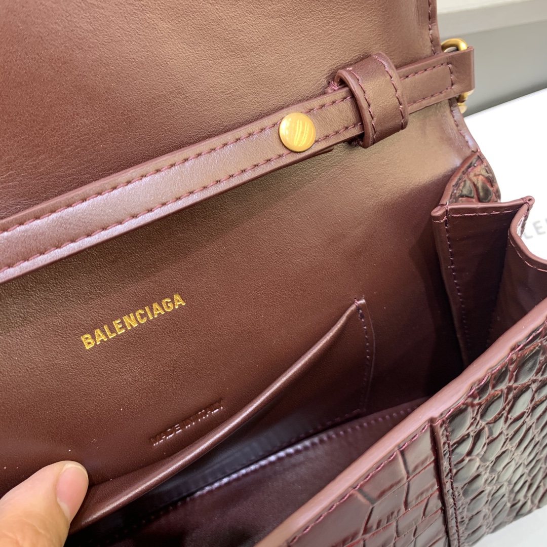 Balenciaga Big Hourglass Wallet With Chain Crocodile Embossed Shoulder Bag Coffee